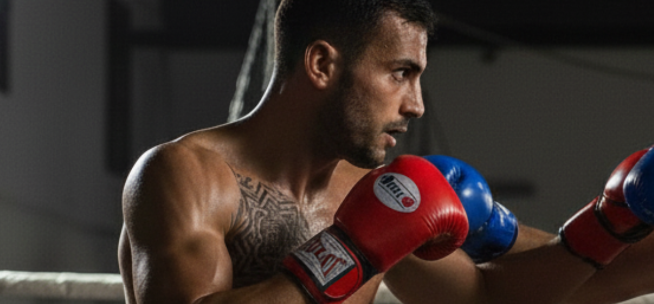 atleta di Muay Thai che fa jogging su una strada, allenamento di resistenza e l'aumento del fiato.
